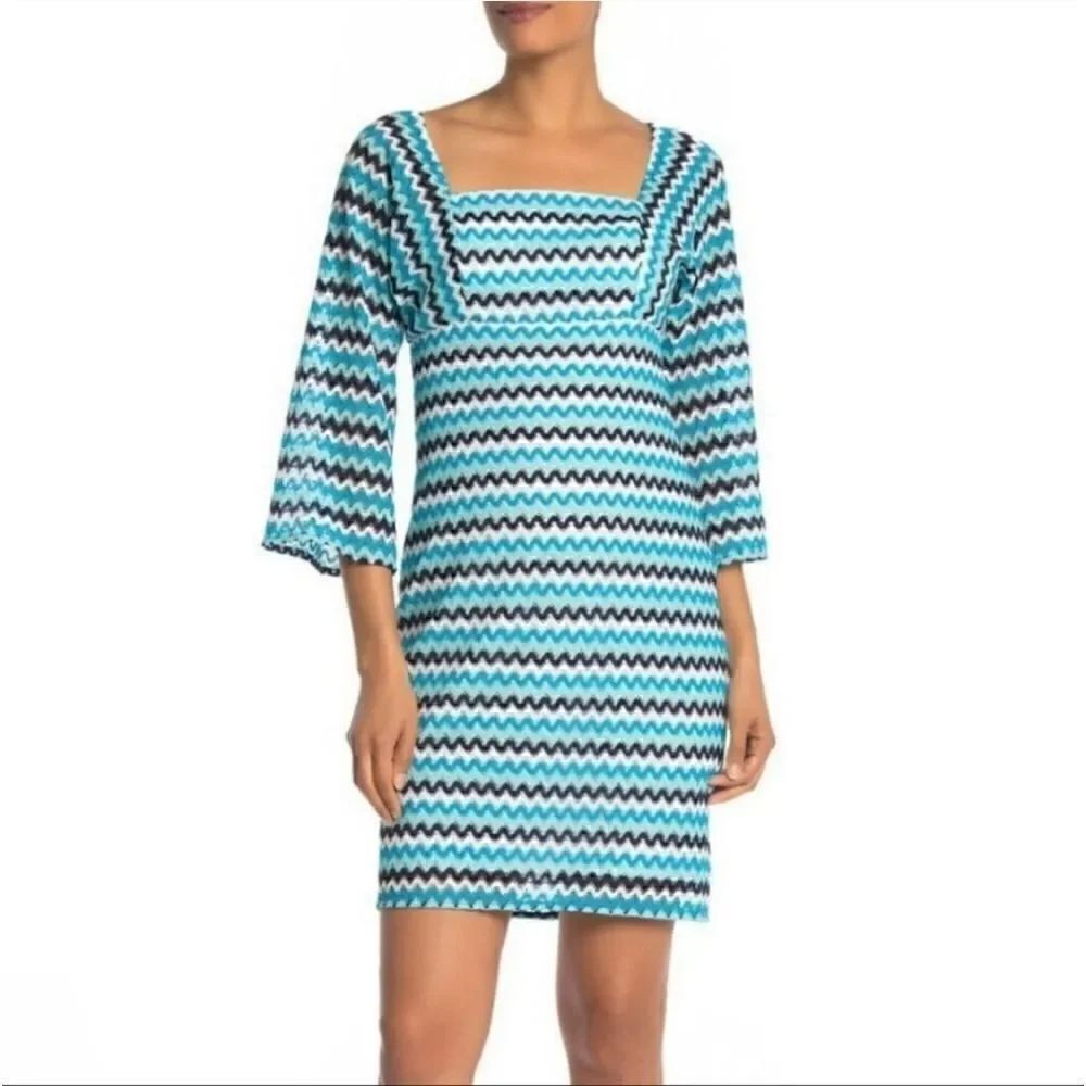 Trina Turk Zig Zag Square Neck Sheath Dress Blue White Crochet Size 12